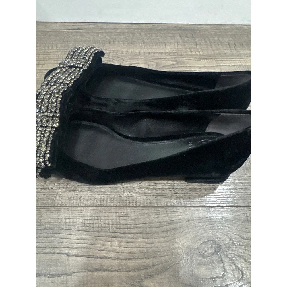 Tory Burch Black Velvet Crystal Embellished Bow Pumps Low Block Heel 6M